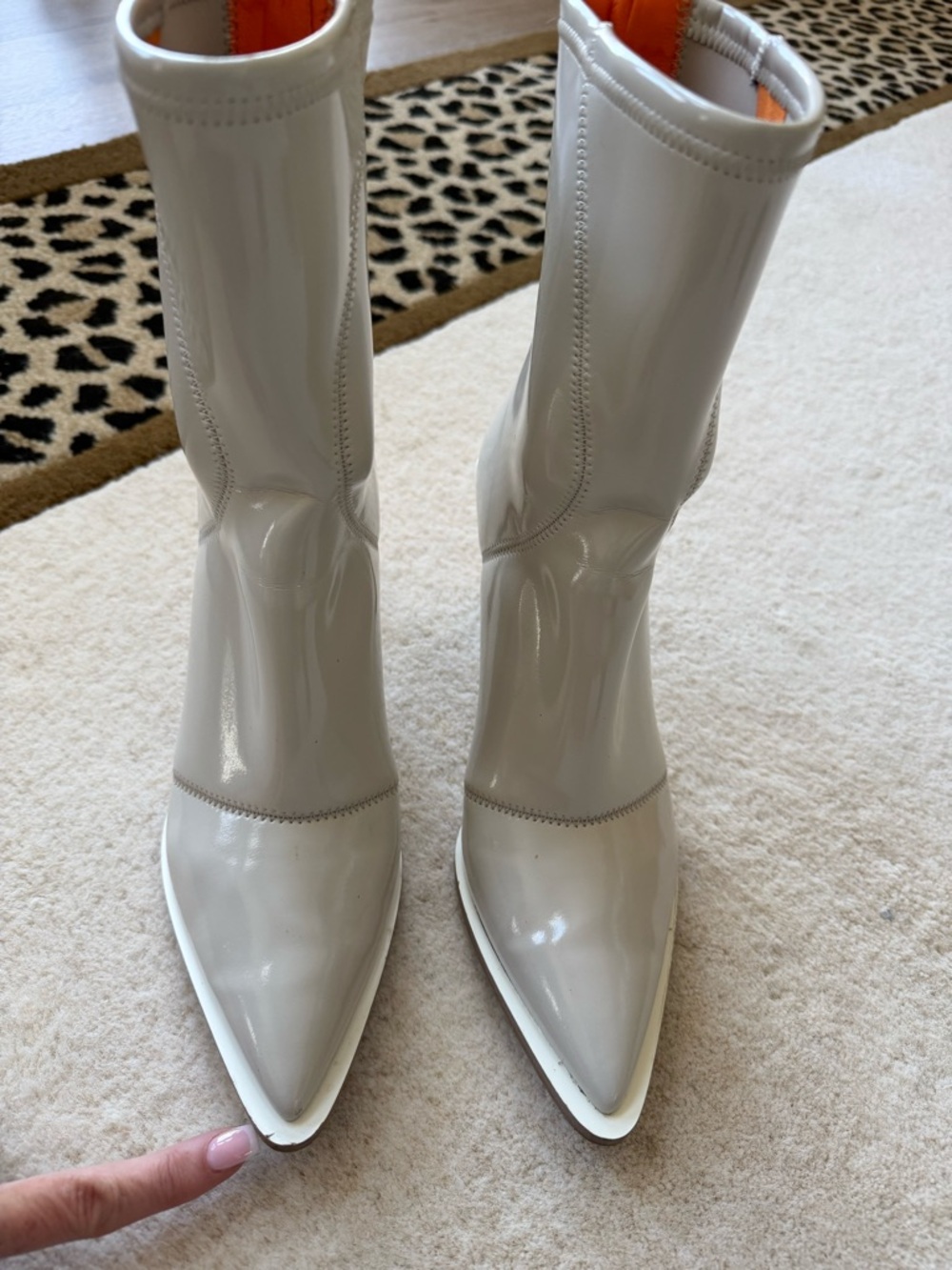 Fendi Glossy Light Gray Pointed-Toe Mid-Calf Boots with Orange Pull Tabs - Picture 3 of 6